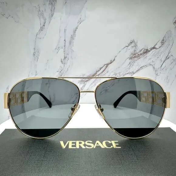 New VERSACE Sunglasses Gold Aviator Pilot Metal Greca Logo Black